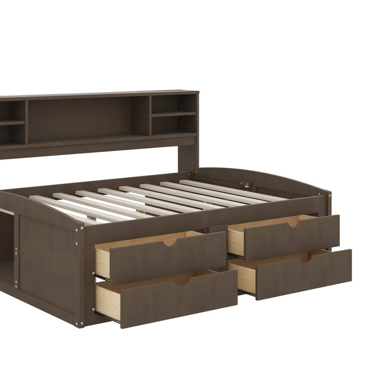 Lit de jour double en bois avec 2 armoires de chevet, tablettes et tiroirs, Brun antique