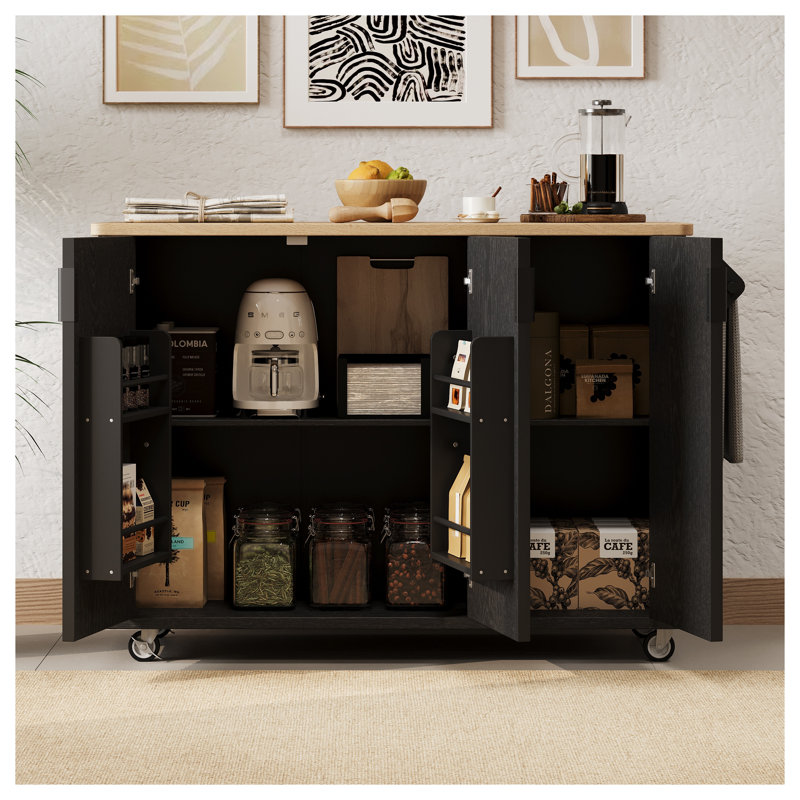 K&K 51" Fluted Kitchen Island with Drop Leaf, Farmhouse Cart in Black and Brown