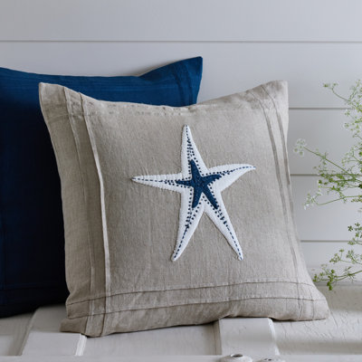 Starfish Natural with White Applique Linen Pillow