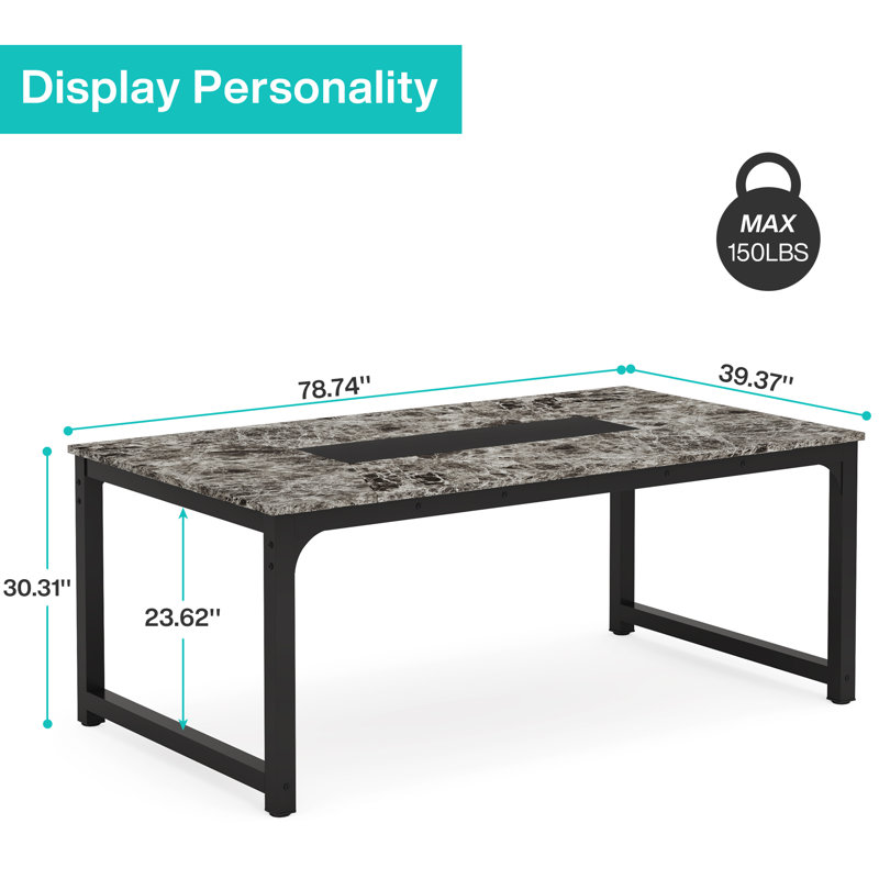 Rectangular 199.9Cm L Dining Table, 77cm H x 199.9cm L x 100.1cm W, Grey Marble, Black