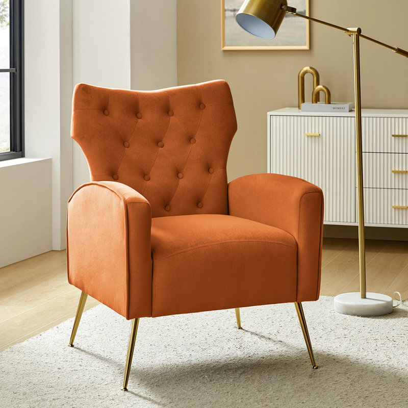 Fauteuil à oreilles en velours avec capitonnage à boutons H 37 "Consolata, Velours orange