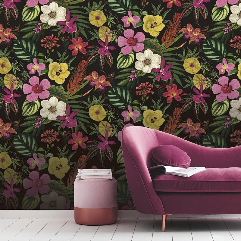 Calhern Black Floral Orchid Wallpaper 10m x 53cm Textured Matte Roll