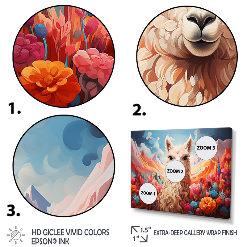 Enchanting Alpaca Valley - Alpaca, art mural, H 34 po x l 44 po x P 1,5 po, Cadre de coin argenté fermé