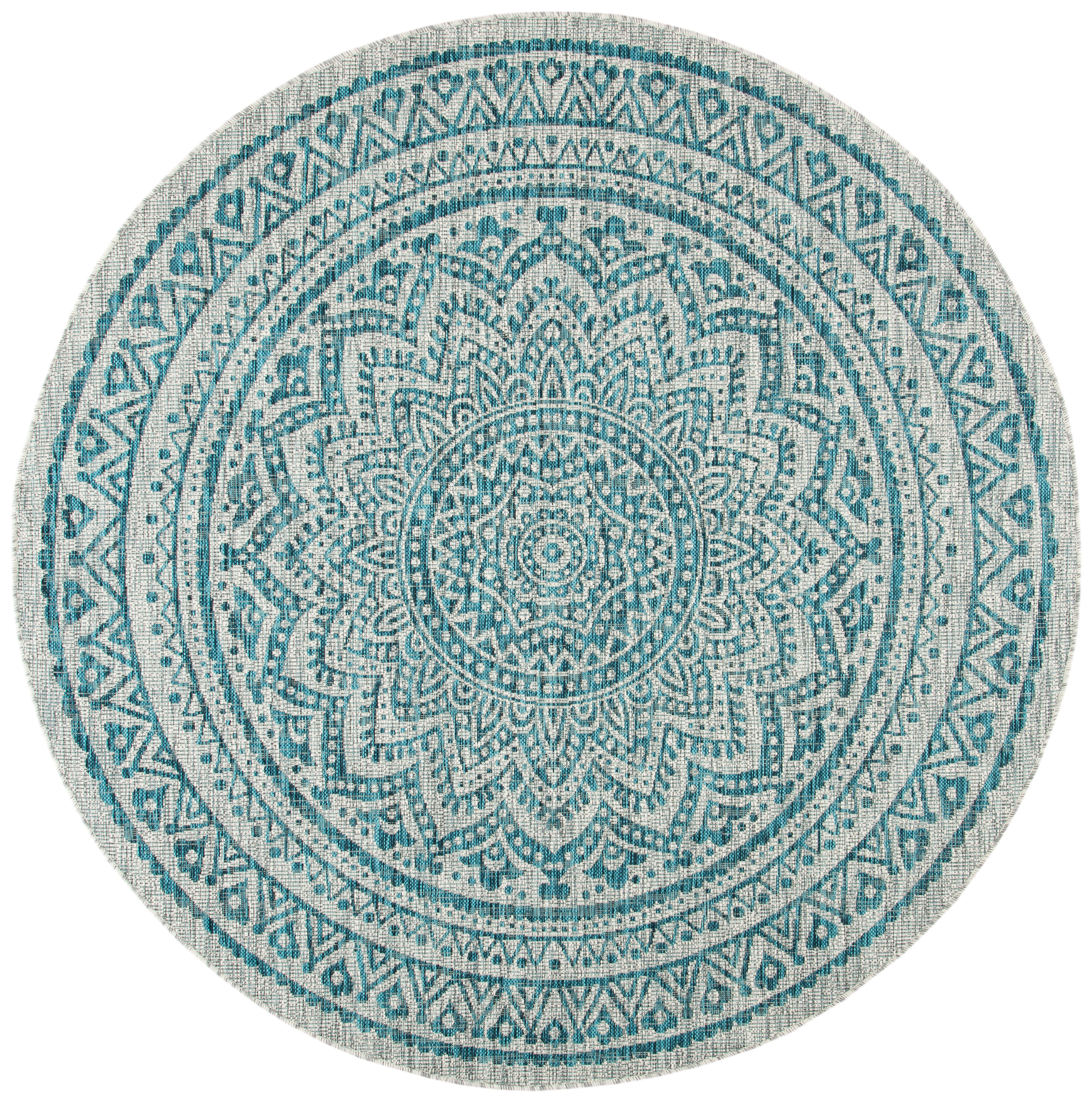 LR Home Suzy Radiant Teal/Gray 6 ft. Round Hand Hooked Mandala