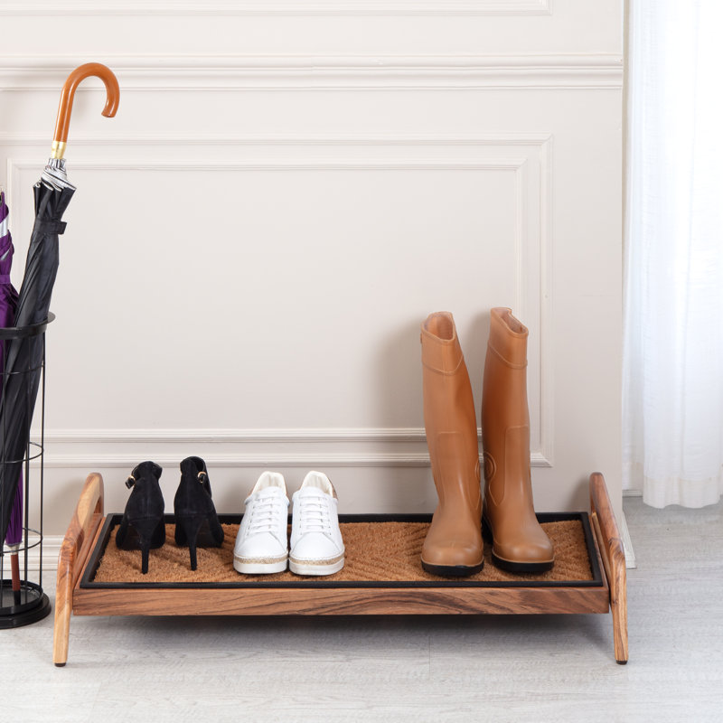 Support à bottes en bois massif de qualité supérieure avec tapis en fibre de coco naturelle - Rangement pour chaussures