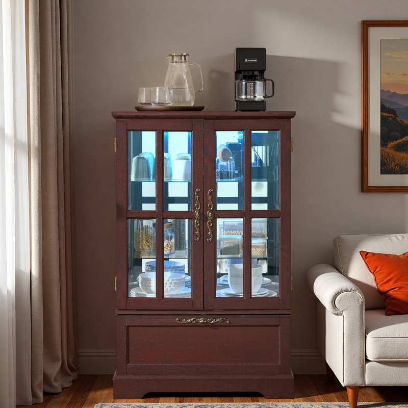 Vitrine avec bande lumineuse RVB en couleur, tablettes en verre réglables en hauteur et tiroir rabattable, Cherry