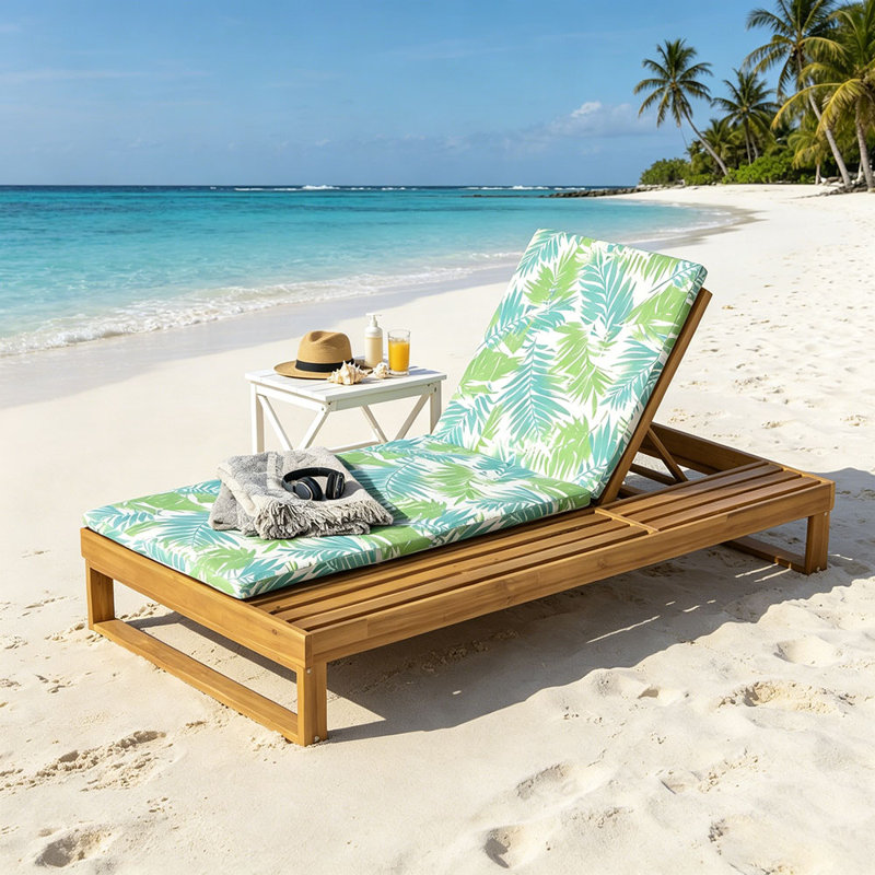 Acacia Wood Chaise Lounge with 1.57-Inch 2-Fold Cushion Set, 4-Position Adjustable with Flat Side Surface, for Poolside