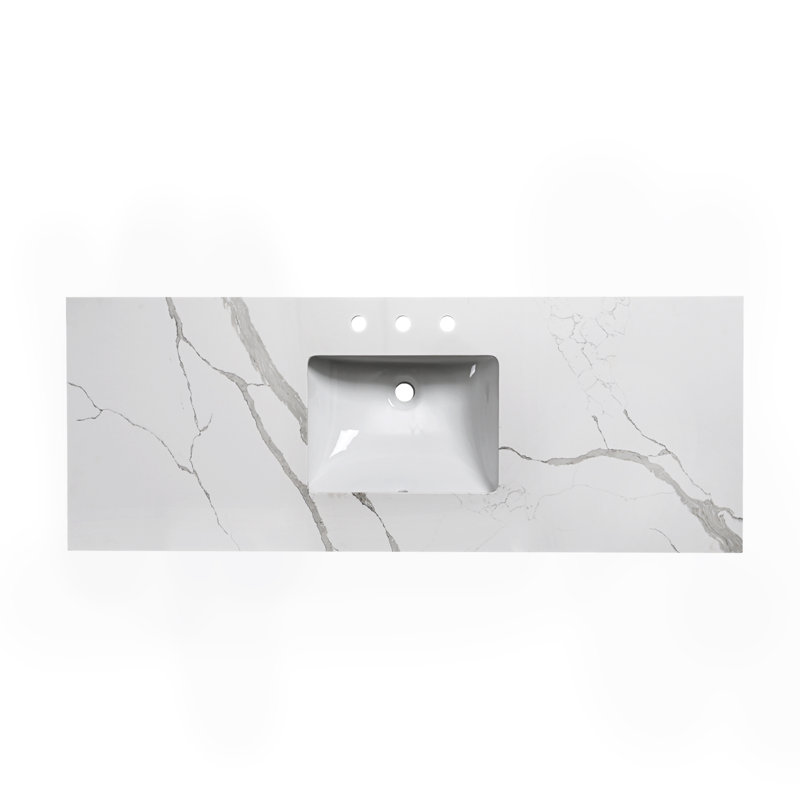 Comptoir de salle de bain 60 pouces avec comptoir en pierre de quartz avec lavabo rectangulaire encastré en céramique et 2 éclaboussures latérales