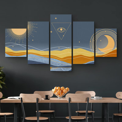 Astronomie Illuminati géométrique soleil croissant de lune paysage abstrait nature 5 pièces