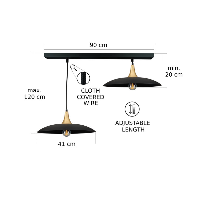 - Light Matte Black Dome Pendant, 2 Lights, 120cm H x 110cm W x 41cm D, Gold/Black