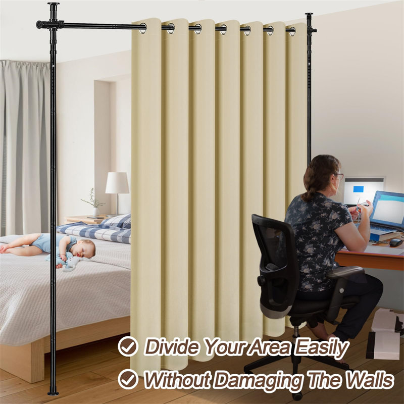 Beige Blackout Room Divider Curtain and Rod Set