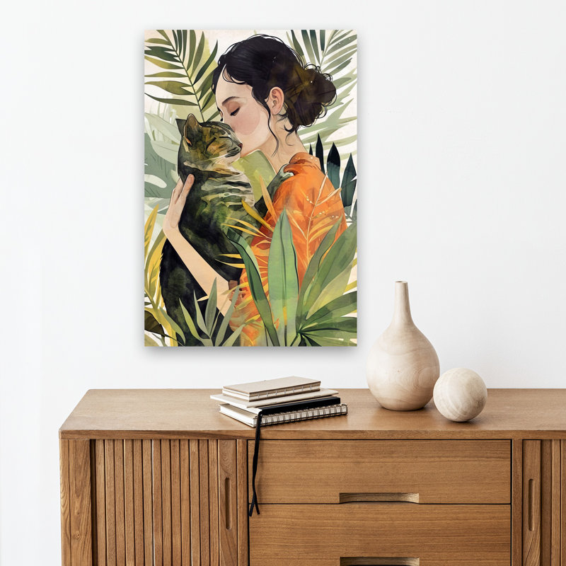Art mural mural, "Chat amoureux tropical", H 18 po x l 12 po