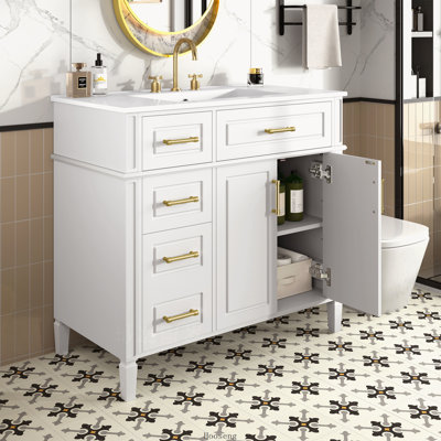 Meuble-lavabo autoportant 36 po avec comptoir d'évier, armoire en bois de pin et panneau de fibres à densité moyenne avec 4 tiroirs (1 tiroir rabattable), 2 portes et tablette réglable, lavabo en céramique, blanc