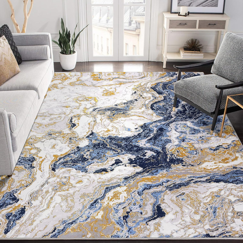 Modern Abstract Area Rug 8x10, Low Pile Washable & Non-Slip Carpet for Living Room, Bedroom, Blue, Rectangle 9' x 12'