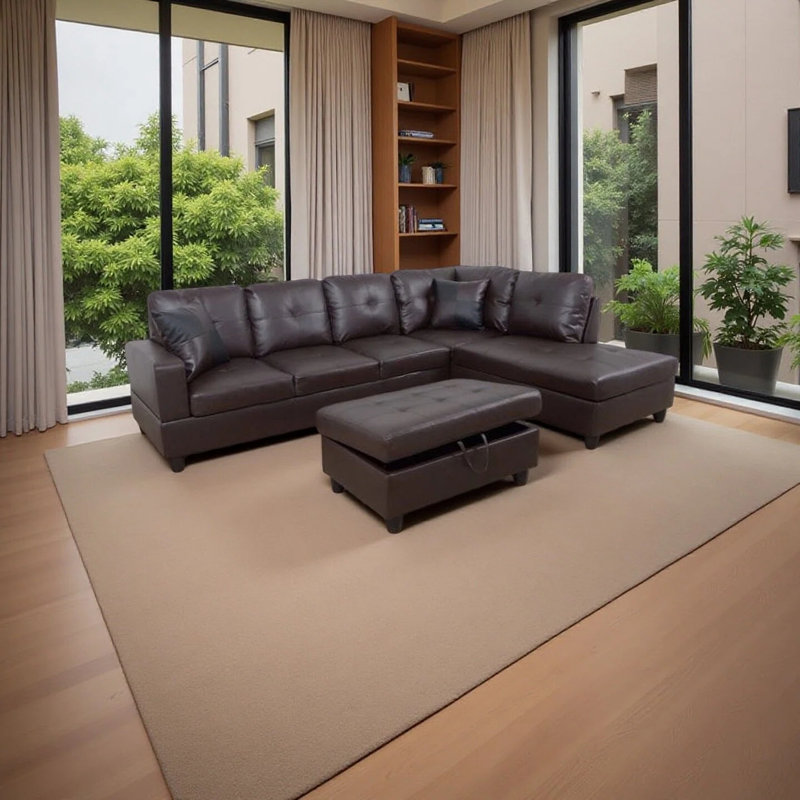 3-Piece Faux Leather L-Shape Leather Sectional, Brown Faux Leather