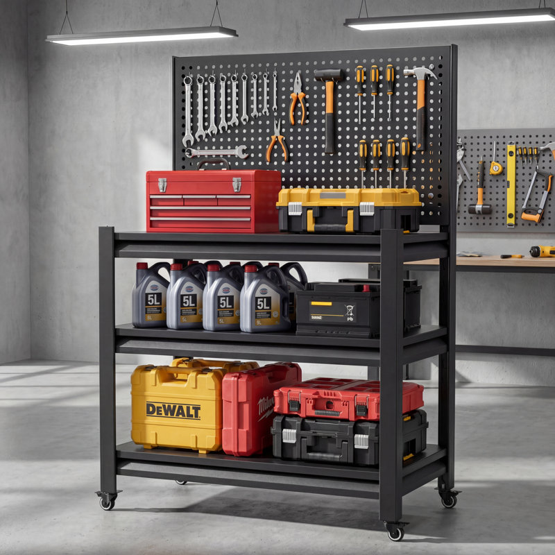 Établi roulant robuste avec panneau perforé, table de travail industrielle d'une capacité de 1 500 lb avec tablettes et roues réglables, chariot à outils d'atelier de garage, H 47,2 po x l 33,46 po x P 18 po