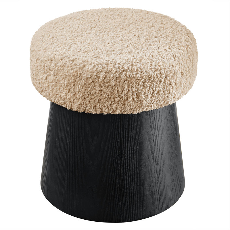 Ketra Round Faux Shearling Ottoman Footstool In Oatmeal Black, Black