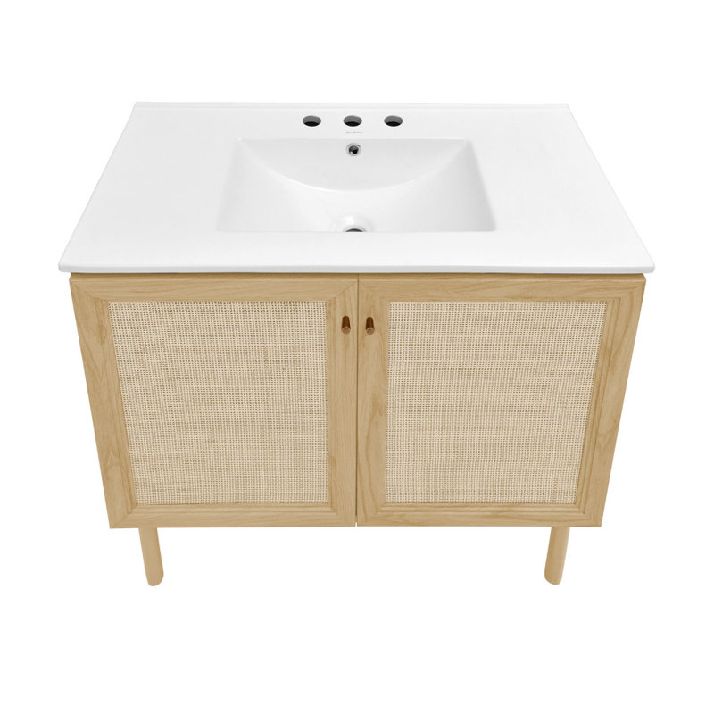 Meuble-lavabo autoportant en chêne naturel Classe 36 avec comptoir à 3 trous Class, Blanc, 8" Widespread, Chêne naturel