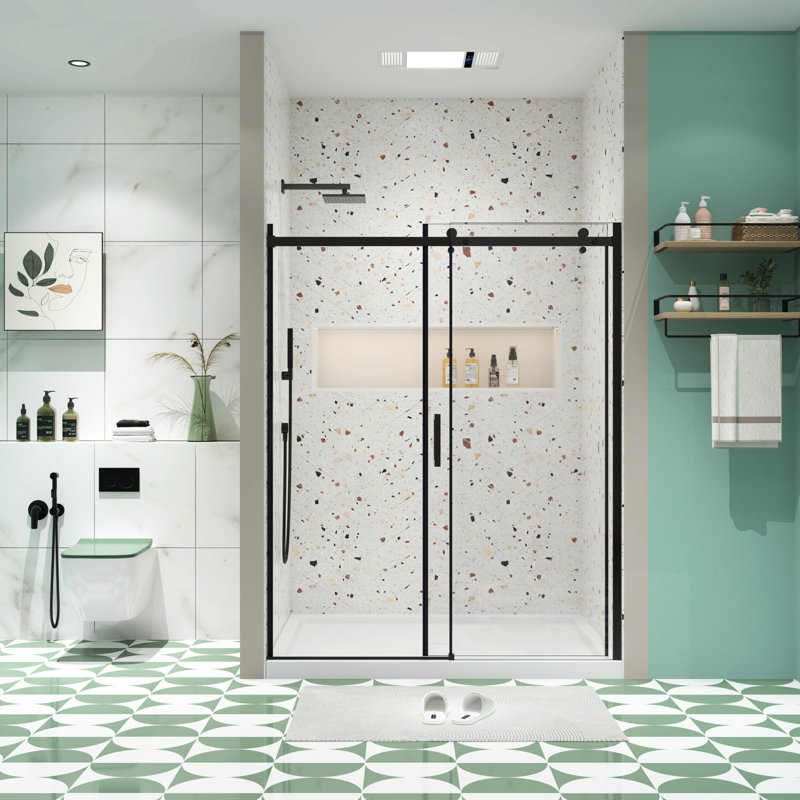Porte de douche coulissante avec verre trempé 5/16 po et finition noir mat - Système lisse pour le verre de la salle de bain, verrouillage sécuritaire