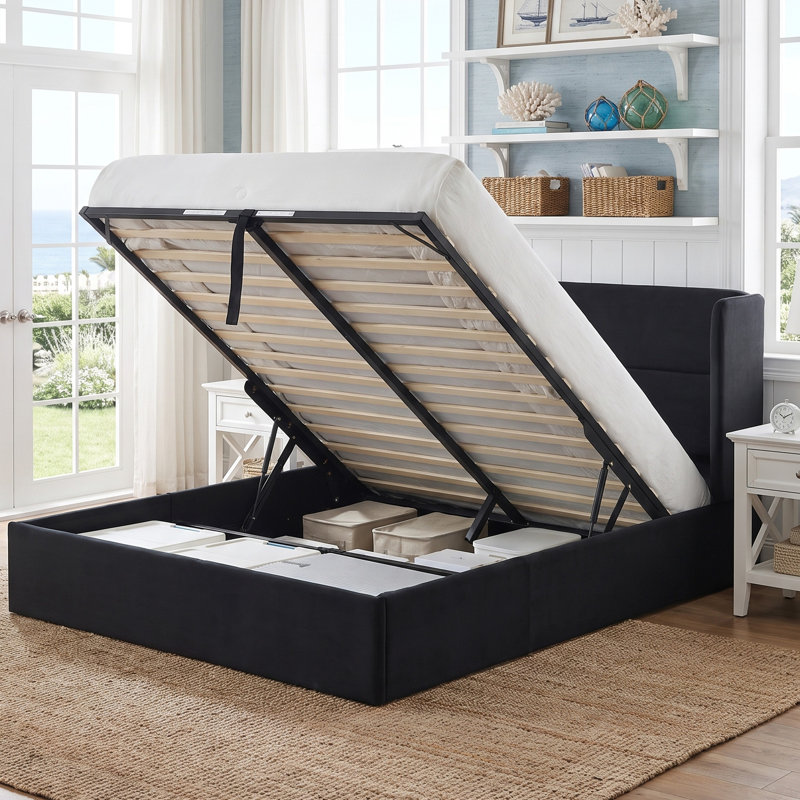Lit plateforme tapissier avec rangement Gaillarde, Grand, Noir