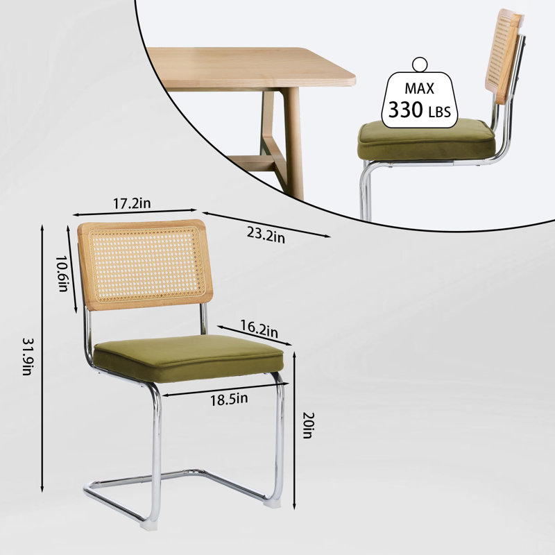 Crumley Upholstered Side Chair With Cane Rattan Back And Steel Frame, Green