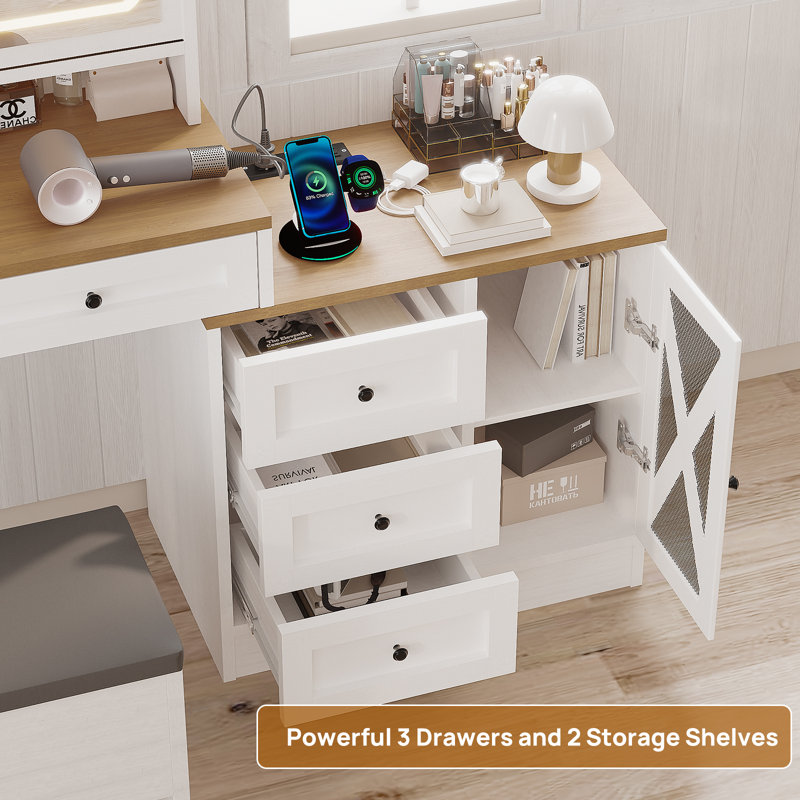Modern with LED Lighted Mirror and Built-in 3-mode Lighting 3 Drawer Dresser with Stool and Side Cabinet