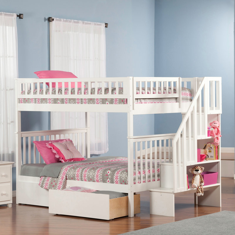 Ilariana Wood Bunk Bed with Staircase and Drawers, White, Full over Full