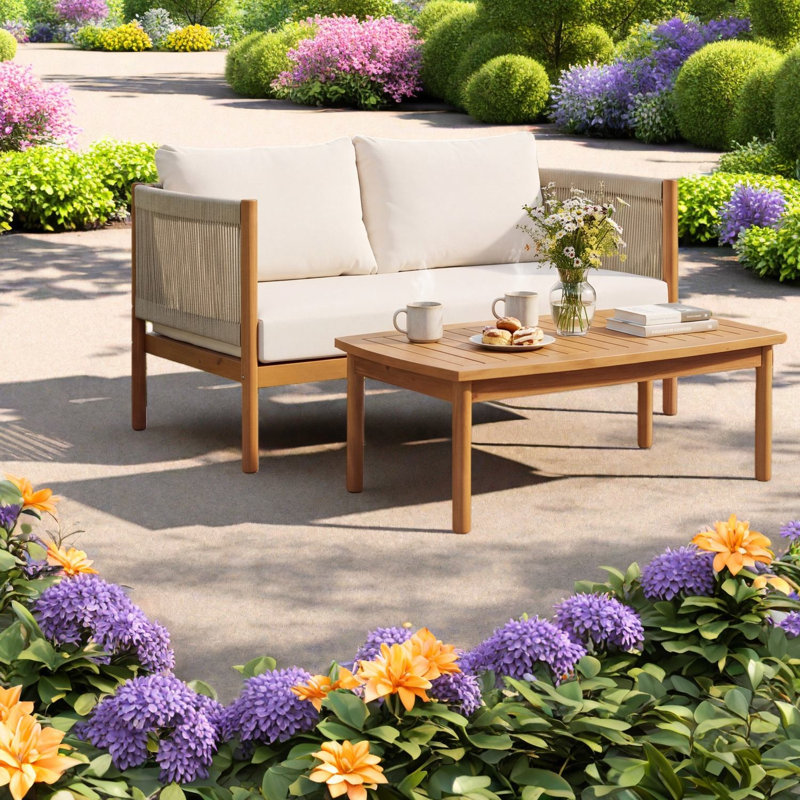 Ensembles de salle à manger de patio moderne, table de causeuse en bois d'acacia, patio compact
