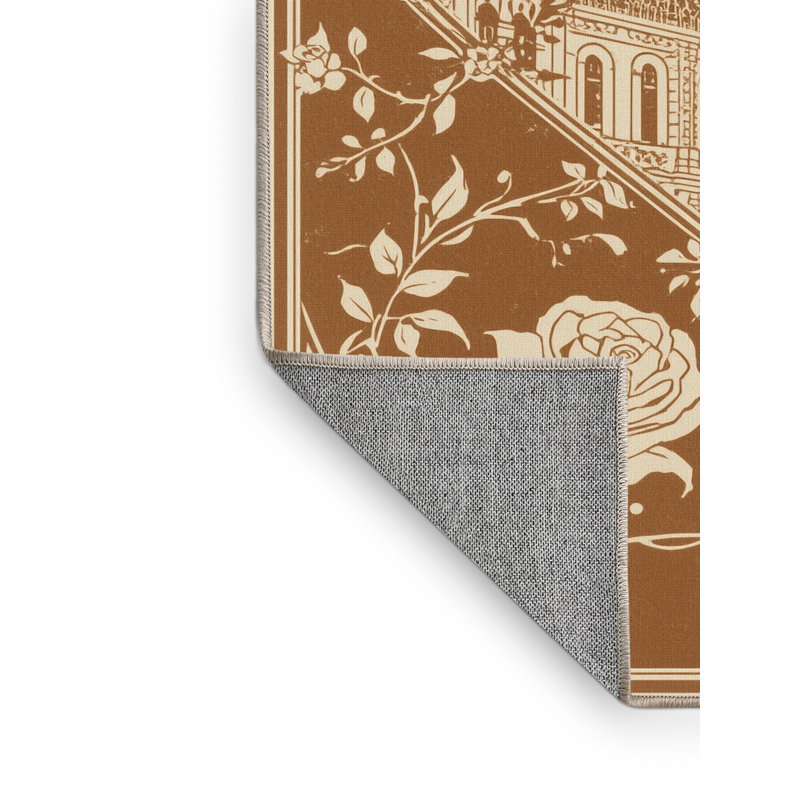Machine Washable Pandelica Budapest Parliament Building Classic Floral Rug in Beige – Beige Binding, 7x9