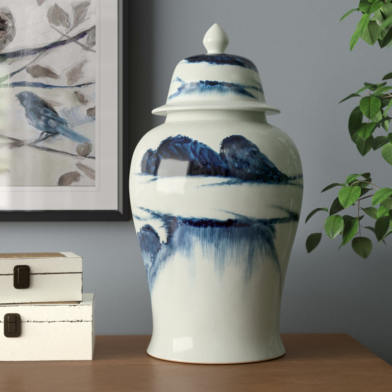 18” Blue and White Porcelain Ginger Jar, Decorative Lidded Vase with Abstract Landscape Pattern for Tabletop, Mantel, Centerpiece, or Floral Display