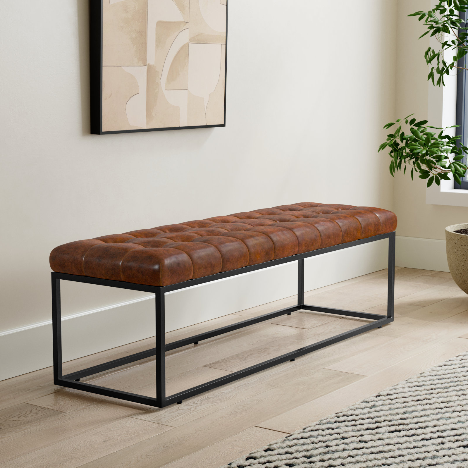Pearson 50"-55" Genuine Leather Bench, Saddle Top Grain Leather, 17.5" H x 55" W x 17" D