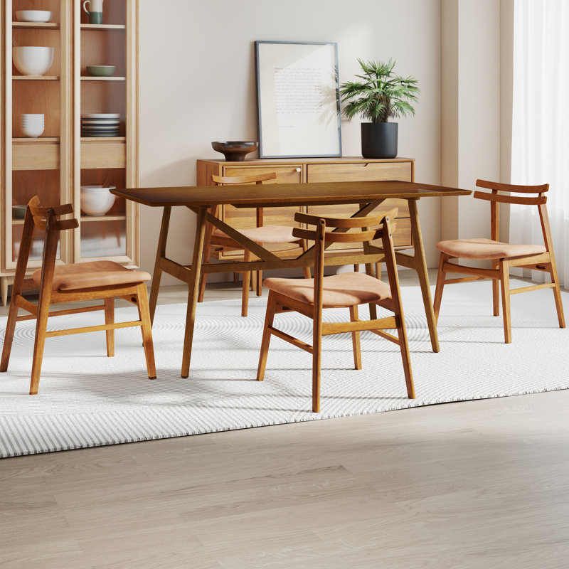 Modern Rectangular Dining Table Set With Upholstered Dining Side Chairs With Curved Back & Solid Wood Legs For Dining Room/Living Room