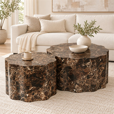 Ensemble de 2 tables basses cylindriques rondes avec plateau en marbre de faux noyer travertin, tables d'appoint modernes en panneau de fibres à densité moyenne pour le salon, appartement et bureau