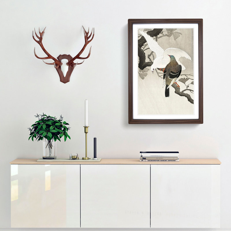 Two Pigeons on a Branch by Ohara Koson - Picture Frame Painting Print, Walnut Framed, 65cm H x 48cm W x 2cm D