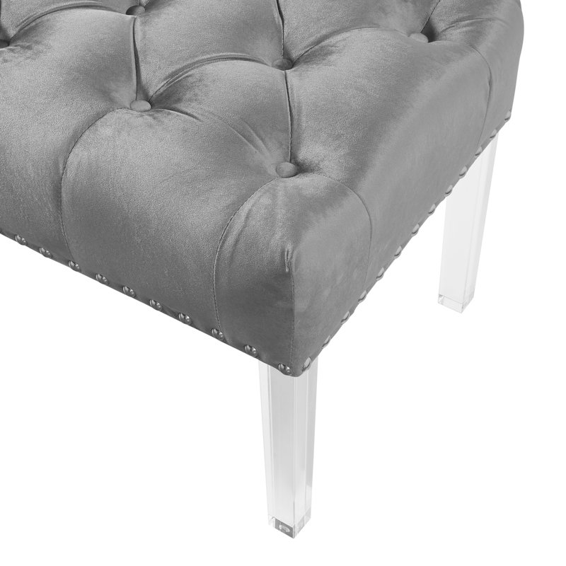 Modern Gray Velvet Bench With Acrylic Supports - Button Decorative Touch Upholstered Legs Appeal, Gray