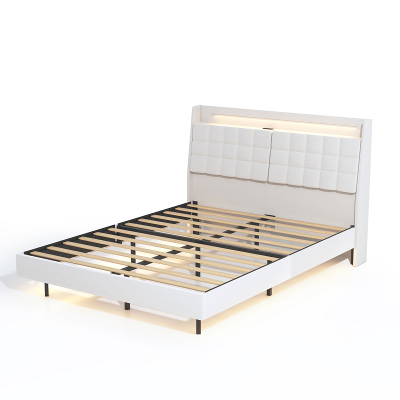 Upholstered Platform Bed Frame With Headboard - Floating Design, Built-In LED Lights, USB Charging Station & Hidden Storage.