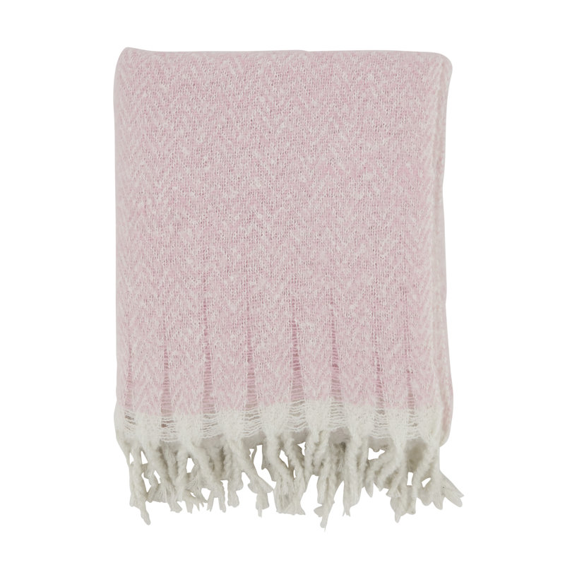 Pink Faux Mohair Herringbone Fringed Throw Blanket