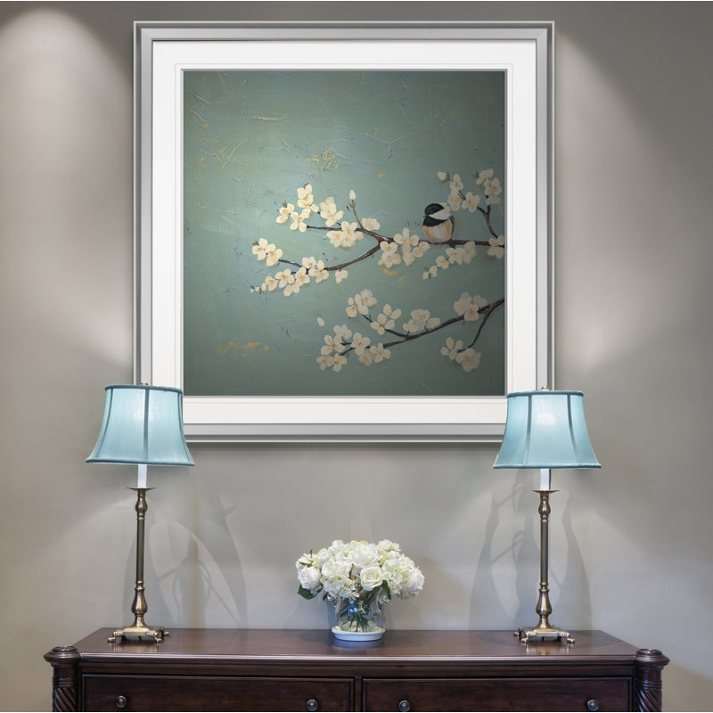 « chickadee & dogwood i », peinture, H 16 po x l 16 po x P 1,5 po, Encadrement argenté