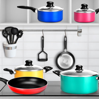 NutriChef 15-Piece Kitchenware Pots & Pans Set | Colorful Non-Stick Cookware with Heat Resistant Lacquer