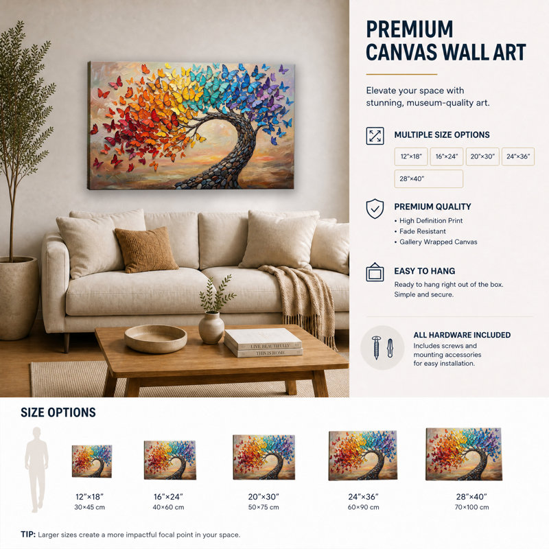 Toile, art mural papillon coloré, tronc de pierre, peinture murale, 20 x 30 pouces
