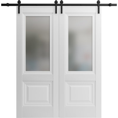Porte de grange double robuste | Soie blanche Lucia 8822 avec verre givré | Ensemble lourd de cintres en acier inoxydable 13 pi | Portes intérieures solides