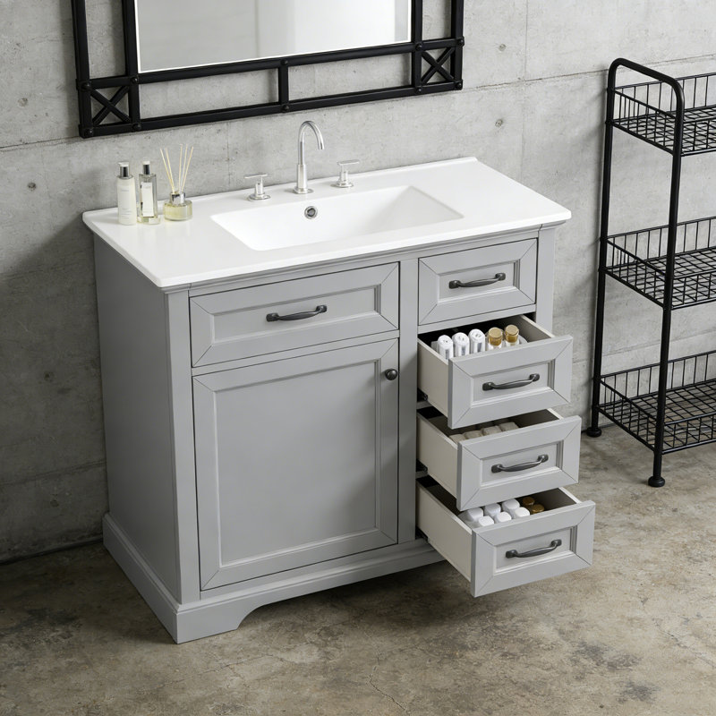 Meuble-lavabo de salle de bain avec lavabo, 2 tiroirs et porte à fermeture en douceur, Gris clair