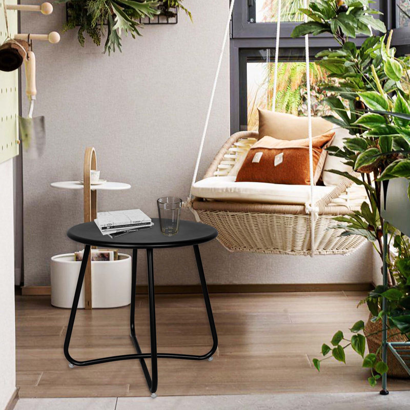 Hofitlead Black Outdoor Side Table, Waterproof Metal End Table, Small Round Patio Table For Garden, Balcony & Yard, Black