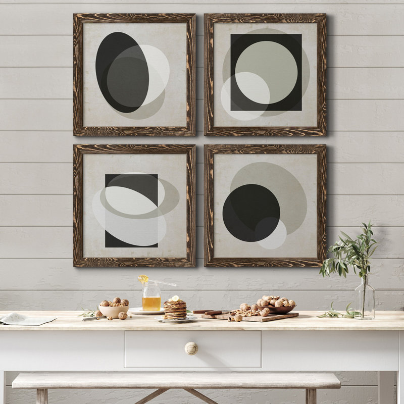 Moderniste Neutre I - ensemble de 4 peintures sur toile encadrées, H 27,5 po x l 110 po x P 1,5 po, Toile avec cadre en noyer