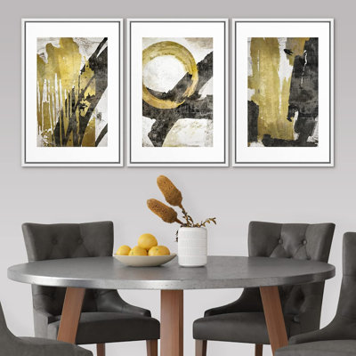 " Gold Black Grunge Paint Stroke Collage Abstract Shapes Neutral Modern Art Decor Contemporary " 3 - Pieces on