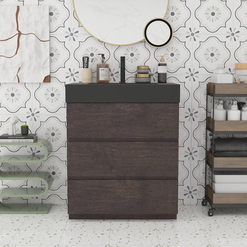 Modern Bathroom Large Storage Vanity, Walnut, Black