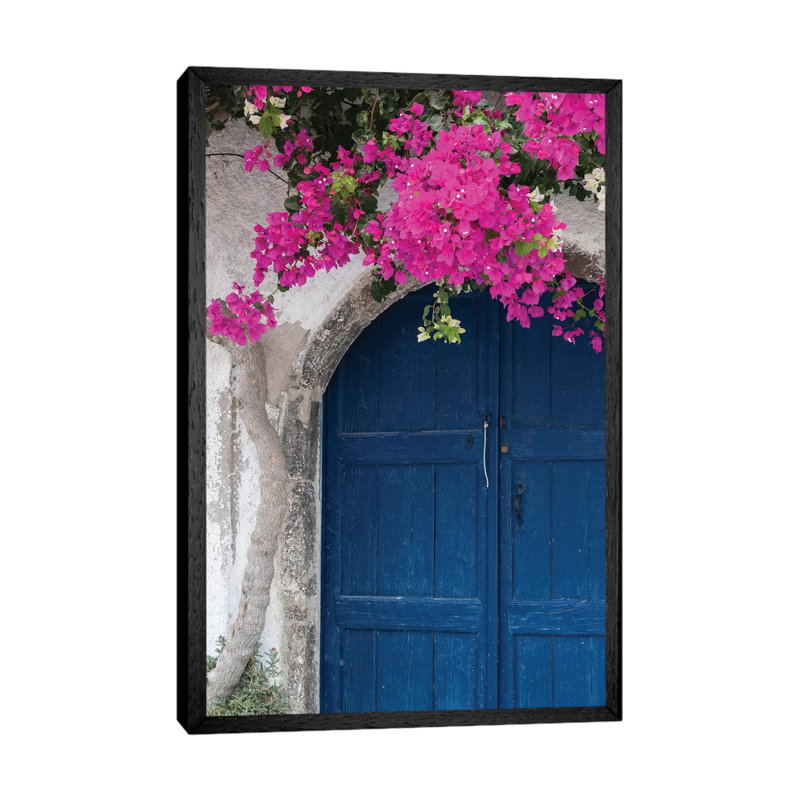 Greece, Santorini Weathered Blue Door Is Framed by Bright Pink Bougainvillea Blossoms 1 Piece Floater Frame Wall Art on Canvas