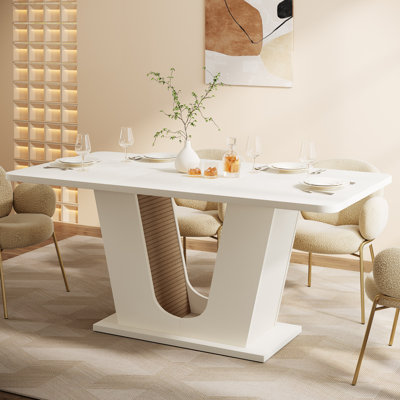55" Modern Dining Table For 4-6, Off-White Kitchen Table with U-shaped Base