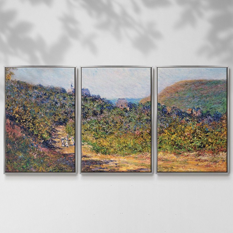 At Petit, peinture sur toile 3 pièces, H 40 po x l 78 po, Encadrement argenté