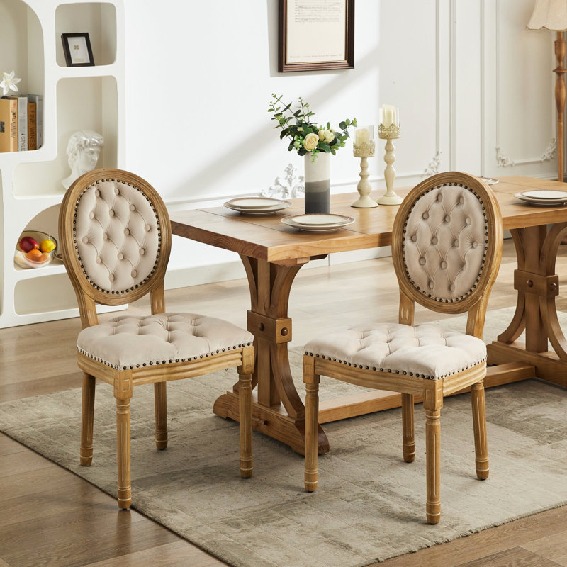 Chaises de salle à manger en velours beige de style antique, avec 2 fauteuils rembourrés à la main, Beige